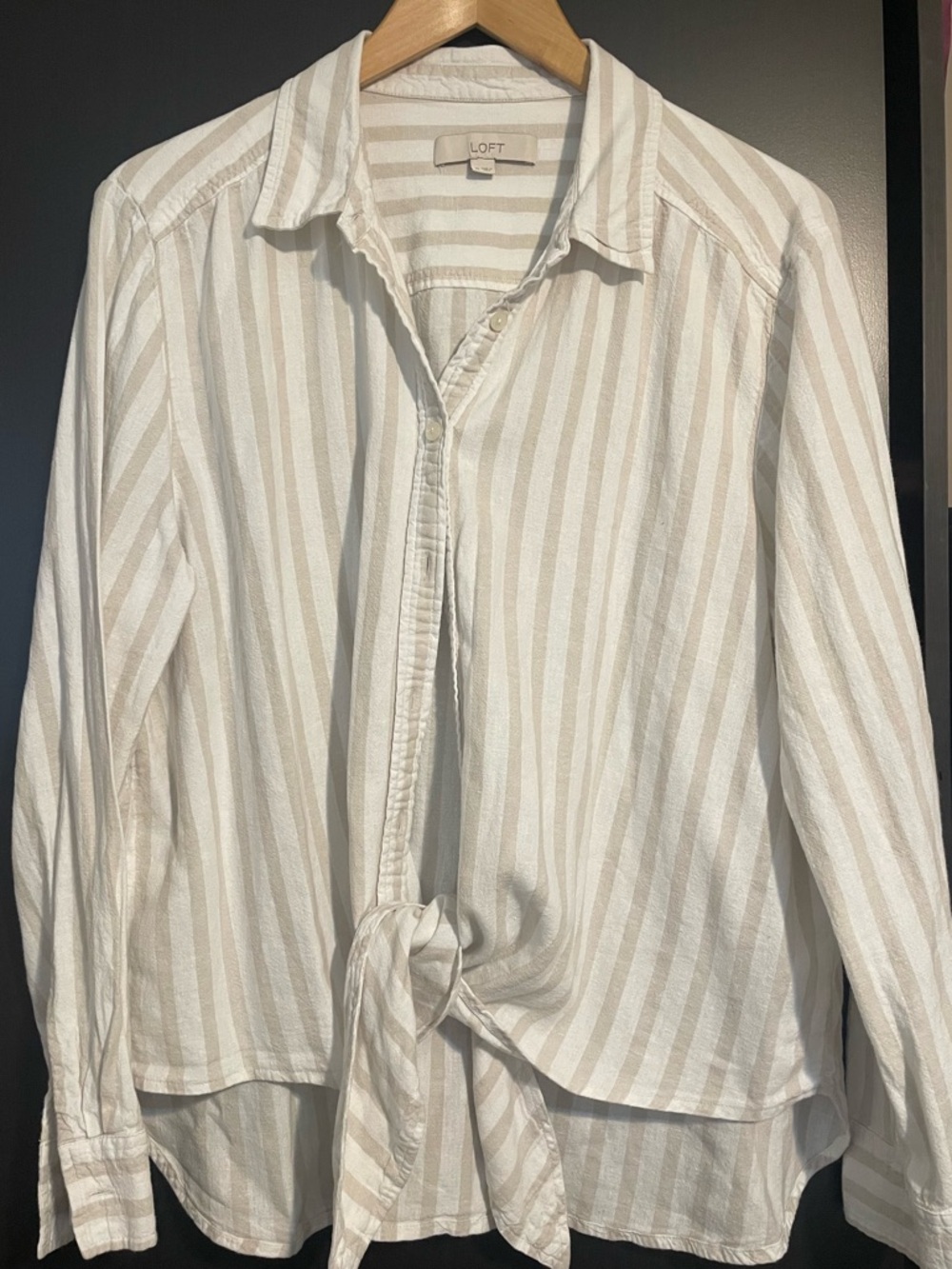 LOFT Beige and White Striped Button-Front Shirt with Tie Detail